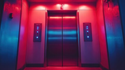 Fototapeta premium Neon lit elevator doors in a modern building
