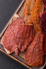 Jerky, dried pork meat with salt and spices