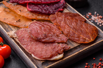 Jerky, dried pork meat with salt and spices