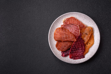 Jerky, dried pork meat with salt and spices