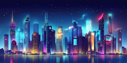 Fototapeta premium Vibrant cityscape gleams with neon lights against the night sky