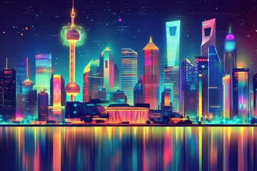 Colorful cityscape reflection shines brilliantly over calm waters at night