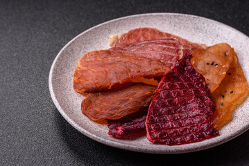 Jerky, dried pork meat with salt and spices