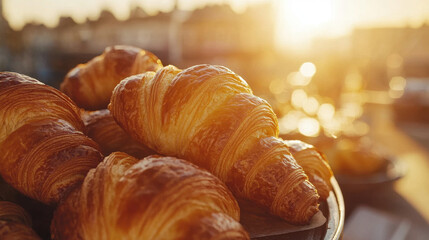 Delight in freshly baked croissants under soft morning light in a bakery