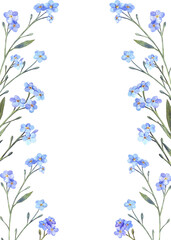 A frame with blue forget-me-nots flowers. Hand drawn watercolor illustration.