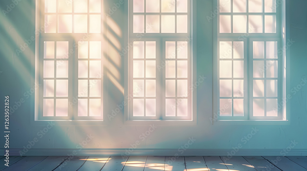 Poster sunlight streaming through large windows in a serene room with wooden floor and soft shadows