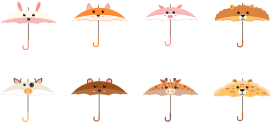 The set features cute umbrellas that resemble different animals, including a rabbit, fox, pig, lion, cow, bear, giraffe and cheetah, each with adorable facial expressions and small details such as ea
