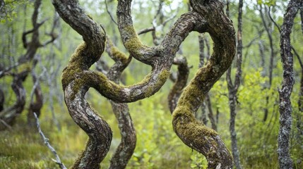 Fototapeta premium Twisted Branches Embraced by Lush Moss in Verdant Forest