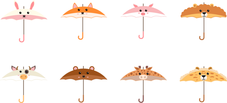 The set features cute umbrellas that resemble different animals, including a rabbit, fox, pig, lion, cow, bear, giraffe and cheetah, each with adorable facial expressions and small details such as ea