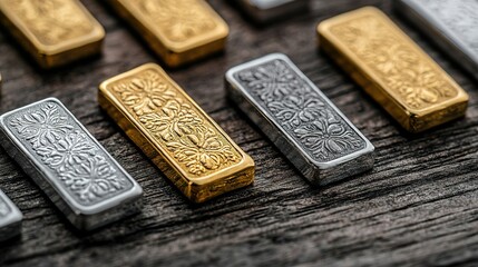 Fototapeta premium Closeup of gleaming gold and silver bars on wooden surface business environment high-quality content
