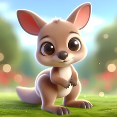 Cute cartoon kangaroo character with big eyes in a vibrant green park setting.
