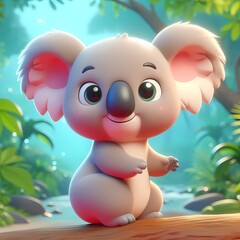 Cute cartoon koala with big eyes in a vibrant green jungle setting.