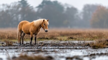 Obraz premium Light-brown pony in muddy field on a gloomy day. Suitable for nature, wildlife, and travel print or website