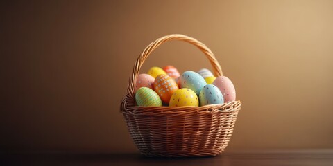 Colorful decorated eggs in a woven basket set against a warm background
