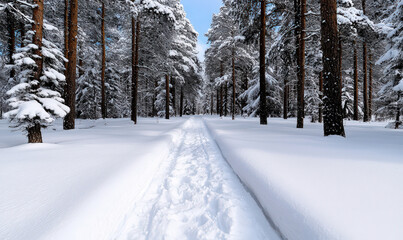 Obraz premium Serene Winter Forest Path Through Snow-Covered Trees on a Bright Day with a Tranquil Atmosphere and Clear Blue Sky Above the Glittering Landscape