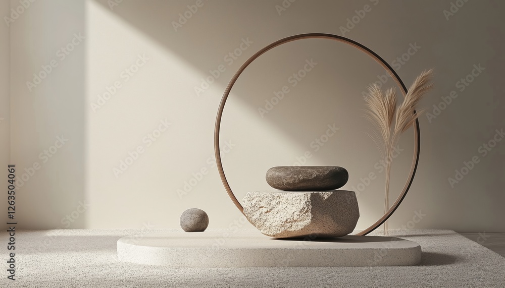 Poster japanese stone balance and circle abstract with brown in product presentation rendering.