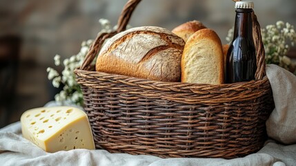 Wooden shopping basket filled with bread, cheese, and tea on a white background