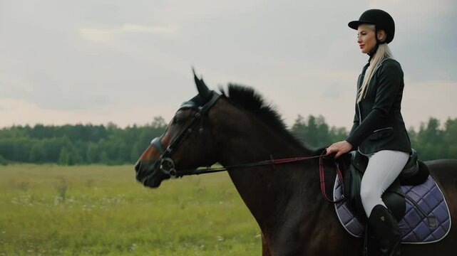 Young woman jockey riding on field and forest, middle shot Horsewoman walking horseback outdoors Handsome equestrian rider in black helmet and redingote or jacket on brown horse 