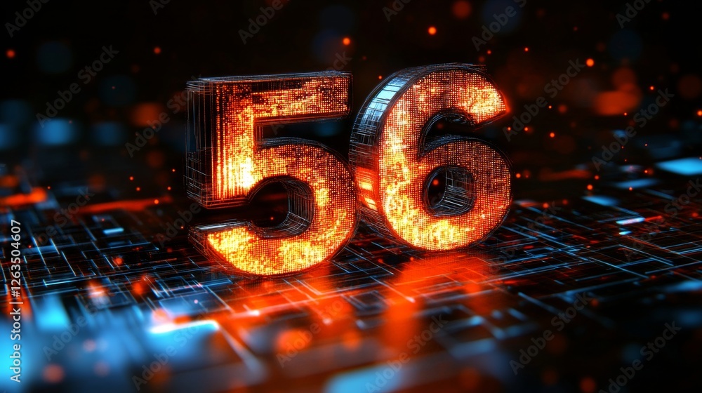 Poster glowing digital 3d number 56 on a futuristic technology background with abstract circuitry