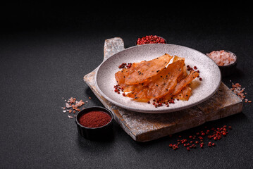Jerky, dried chicken meat with salt and spices