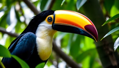 Fototapeta premium Close up of a toucan, vibrant beak, perched on a branch, black feathers, surrounded by lush green leaves