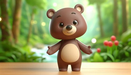 Cute cartoon bear character in a vibrant forest setting, exuding a friendly and playful vibe.