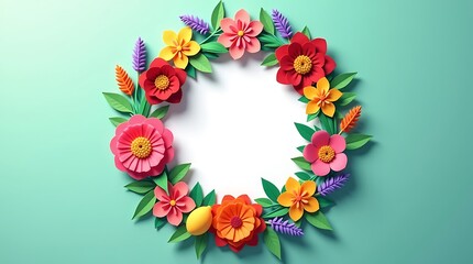 Colorful floral wreath, paper craft, circular arrangement,