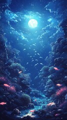 Fototapeta premium Dreamy underwater scene with vibrant coral and shimmering moonlight