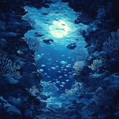 Obraz premium Underwater scene depicts coral reefs under the moonlight illumination