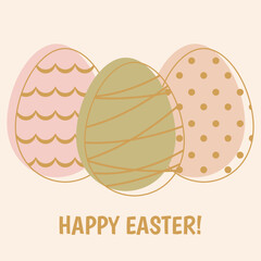 Easter greeting card with cute eggs on light beige background. Happy Easter Day greeting card.