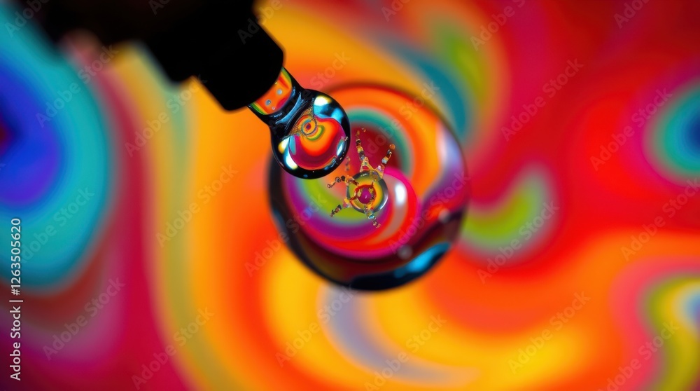 Poster liquid droplets refracting a vibrant swirl, creating a psychedelic visual experience with bright col