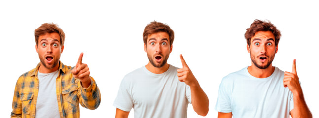 Set of surprised man pointing with his finger isolated on transparent background