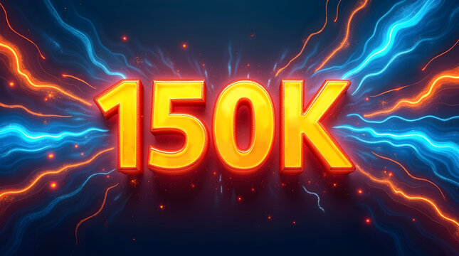 Glowing 150K text in 3D effect surrounded by wavy lines and energetic particles for a dynamic celebration