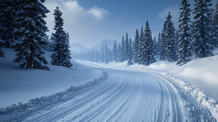 Snow-covered winding road through a winter forest with tall pine trees and distant mountains under a clear blue sky