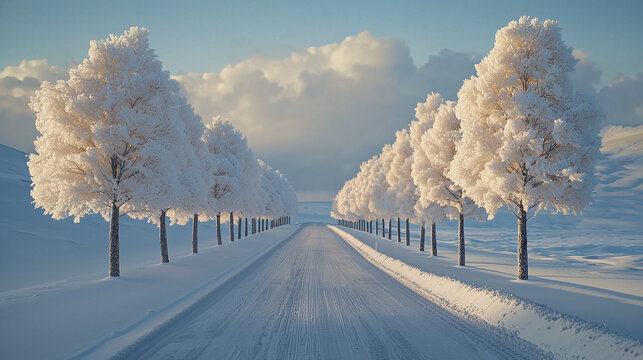 A picturesque winter road lined with frost-covered trees under a soft blue sky, creating a serene and symmetrical snowy landscape