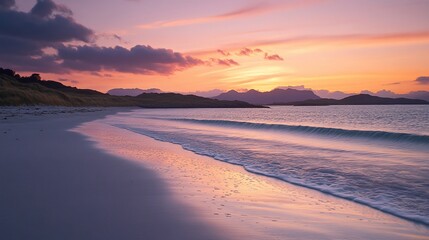 Fototapeta premium Serene Sunset Beachscape: Coastal Serenity at Golden Hour
