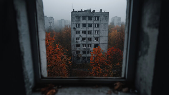 Soviet-era apartment building framed by a window, surrounded by autumn trees with red and orange leaves on a foggy day