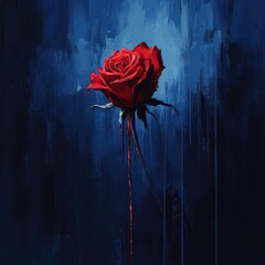 Bleeding red rose against a dark blue artistic background