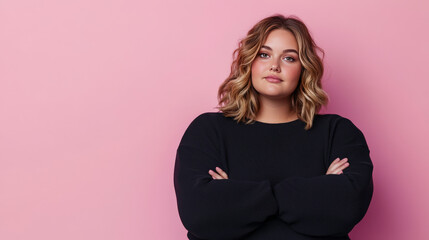 Obraz premium Confident Young Woman with Wavy Hair and Black Sweater Posing Against a Soft Pink Background for Fashion and Lifestyle Themes