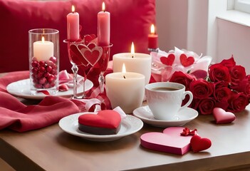 Romantic still life with wine glasses, candle, roses, fresh flowers, and soft lighting. Perfect for love, wedding, and Valentine's themes. Elegant and dreamy atmosphere.