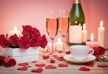 Romantic still life with wine glasses, fresh flowers, and soft lighting. Perfect for love, wedding, and Valentine's themes. Elegant and dreamy atmosphere.