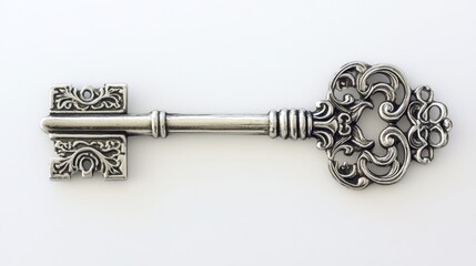 Elegant Silver Key with Intricate Details on Soft White Surface