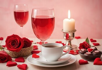 Romantic still life with wine glasses, candle, roses, fresh flowers, and soft lighting. Perfect for love, wedding, and Valentine's themes. Elegant and dreamy atmosphere.