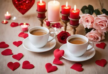 Romantic still life with wine glasses, candle, roses, fresh flowers, and soft lighting. Perfect for love, wedding, and Valentine's themes. Elegant and dreamy atmosphere.