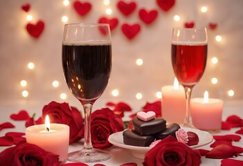 Romantic still life with wine glasses, fresh flowers, and soft lighting. Perfect for love, wedding, and Valentine's themes. Elegant and dreamy atmosphere.