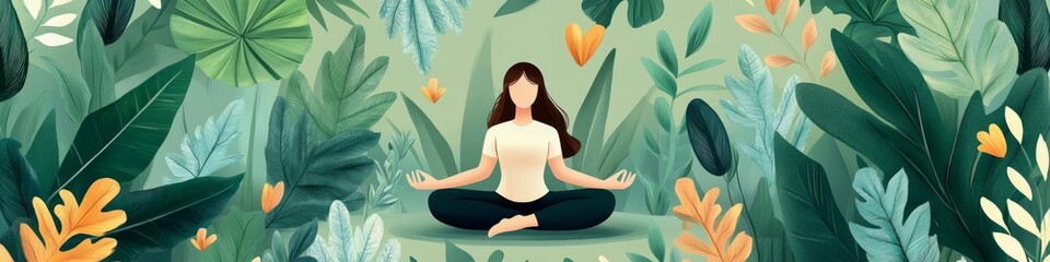 Woman meditating peacefully amidst lush foliage. Serene atmosphere, vibrant greens.
