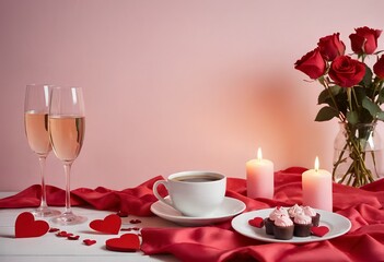 Romantic still life with wine glasses, fresh flowers, and soft lighting. Perfect for love, wedding, and Valentine's themes. Elegant and dreamy atmosphere.