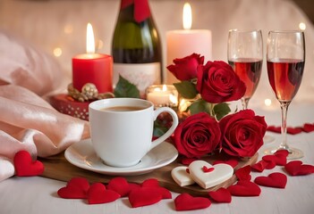Romantic still life with wine glasses, fresh flowers, and soft lighting. Perfect for love, wedding, and Valentine's themes. Elegant and dreamy atmosphere.