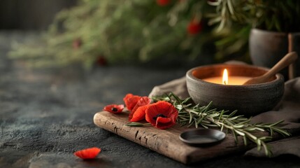Aromatherapy session with a lit candle, rosemary, and red poppies.
