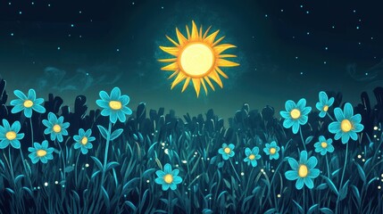 Obraz premium Dreamy landscape depicts glowing flowers under a radiant sun